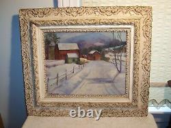 Signed Vintage American Winter Farm Landscape Oil Painting Antique Gesso Frame