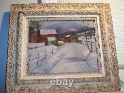 Signed Vintage American Winter Farm Landscape Oil Painting Antique Gesso Frame