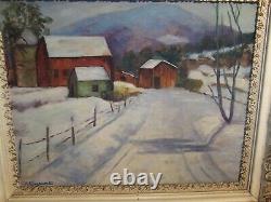 Signed Vintage American Winter Farm Landscape Oil Painting Antique Gesso Frame