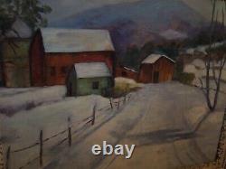 Signed Vintage American Winter Farm Landscape Oil Painting Antique Gesso Frame