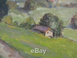 Small Gem Oil Painting Lake Mountain Homes View Landscape Antique Vintage Signed