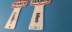 TWO Vintage Texaco Gasoline Signs Rest Rooms Men Women Key Gas Porcelain Sign