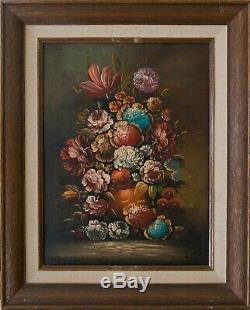 Two Vintage Original Floral Still Life Oil Paintings on canvas in wooden frame