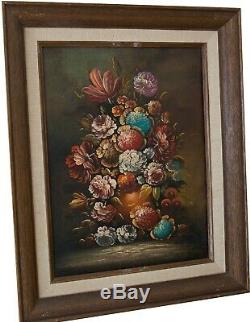 Two Vintage Original Floral Still Life Oil Paintings on canvas in wooden frame