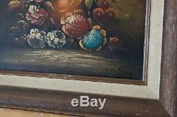 Two Vintage Original Floral Still Life Oil Paintings on canvas in wooden frame