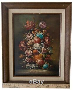 Two Vintage Original Floral Still Life Oil Paintings on canvas in wooden frame