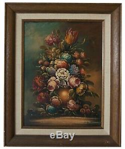 Two Vintage Original Floral Still Life Oil Paintings on canvas in wooden frame