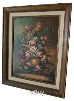 Two Vintage Original Floral Still Life Oil Paintings on canvas in wooden frame