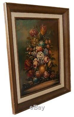 Two Vintage Original Floral Still Life Oil Paintings on canvas in wooden frame