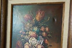 Two Vintage Original Floral Still Life Oil Paintings on canvas in wooden frame