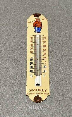 VINTAGE 12 SMOKEY BEAR FOREST PORCELAIN THERMOMETER SIGN CAR GAS OIL TRUCKp