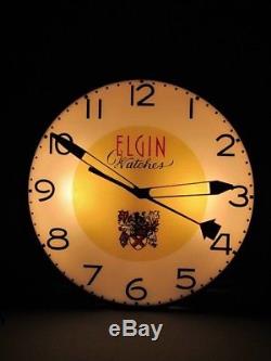 VINTAGE 1950s ELGIN WATCHES 15 METAL GLASS LIGHTED CLOCK GAS OIL SIGN A BEAUTY