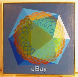 VINTAGE GEOMETRIC ABSTRACT OP ART OIL PAINTING Mid Century Modern Signed