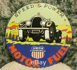VINTAGE LARGE 2 SIDED SPEED & POWER UNION GASOLINE OIL PORCELAIN SIGN. Dated