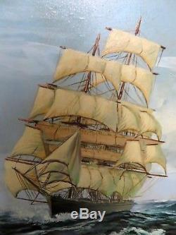 VINTAGE original OIL painting on canvas SEASCAPE sail SHIP signed FRAMED 44x32