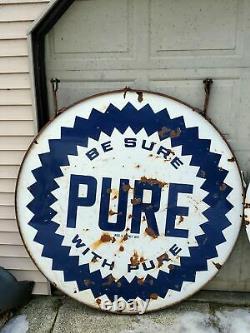 VTG 1940s BE SURE WITH PURE OIL GAS STATION DOUBLE SIDED PORCELAIN SIGN 5' FEET