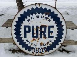 VTG 1940s BE SURE WITH PURE OIL GAS STATION DOUBLE SIDED PORCELAIN SIGN 5' FEET