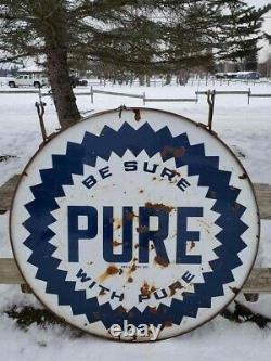 VTG 1940s BE SURE WITH PURE OIL GAS STATION DOUBLE SIDED PORCELAIN SIGN 5' FEET