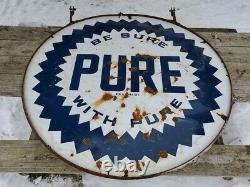 VTG 1940s BE SURE WITH PURE OIL GAS STATION DOUBLE SIDED PORCELAIN SIGN 5' FEET