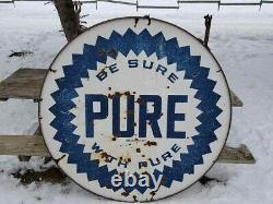 VTG 1940s BE SURE WITH PURE OIL GAS STATION DOUBLE SIDED PORCELAIN SIGN 5' FEET