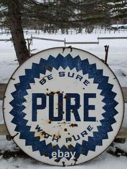 VTG 1940s BE SURE WITH PURE OIL GAS STATION DOUBLE SIDED PORCELAIN SIGN 5' FEET