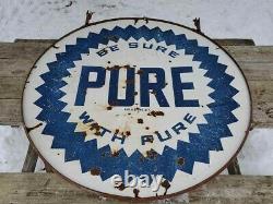 VTG 1940s BE SURE WITH PURE OIL GAS STATION DOUBLE SIDED PORCELAIN SIGN 5' FEET