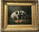 Vtg 2 Puppy Dogs W Chicks Figure Signed Oil Painting Canvas Or Giclee Gold Frame