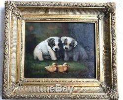 VTG 2 Puppy Dogs w Chicks Figure Signed Oil Painting Canvas OR Giclee Gold Frame