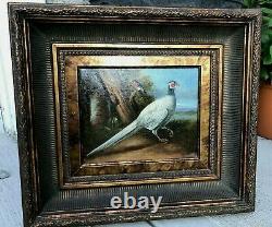 VTG Antiqued Pheasant Birds Figures Artist's Signed Oil Painting Gold Wood Frame