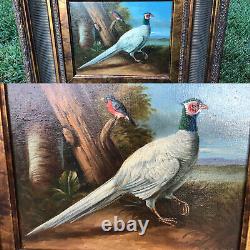 VTG Antiqued Pheasant Birds Figures Artist's Signed Oil Painting Gold Wood Frame