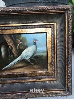 VTG Antiqued Pheasant Birds Figures Artist's Signed Oil Painting Gold Wood Frame