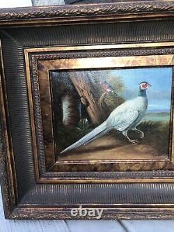 VTG Antiqued Pheasant Birds Figures Artist's Signed Oil Painting Gold Wood Frame