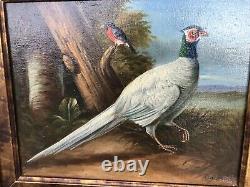 VTG Antiqued Pheasant Birds Figures Artist's Signed Oil Painting Gold Wood Frame