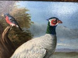 VTG Antiqued Pheasant Birds Figures Artist's Signed Oil Painting Gold Wood Frame