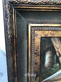 VTG Antiqued Pheasant Birds Figures Artist's Signed Oil Painting Gold Wood Frame