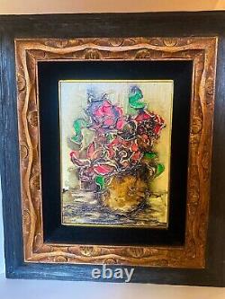 VTG Original Signed Abstract Oil Painting/ Flowers in Vase/ Wood & Velvet Frame