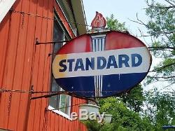 VTG STANDARD SERVICE STATION GAS OIL DOUBLE SIDED PORCELAIN SIGN With FLAME TOPPER