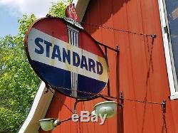 VTG STANDARD SERVICE STATION GAS OIL DOUBLE SIDED PORCELAIN SIGN With FLAME TOPPER