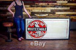 Vintage 1920s White Eagle Keynoil Gasoline Oil Porcelain Sign Wood Framed RARE