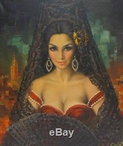 Vintage 1930s Spanish Beautiful Woman Oil Portrait Painting Signed Cortes 1 of 3