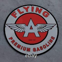 Vintage 1932 Flying A Premium Gasoline Motor Engine Fuel Porcelain Gas-Oil Sign