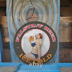 Vintage 1936 Falstaff Cold Beer Porcelain Gas Oil 4.5 Sign
