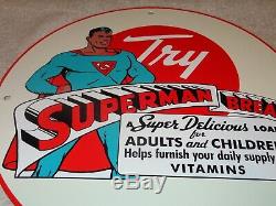 Vintage 1941 Superman Bread 11 3/4 Porcelain Metal Comic Book Gasoline Oil Sign