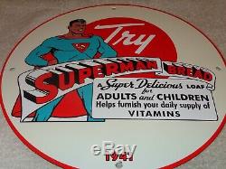 Vintage 1941 Superman Bread 11 3/4 Porcelain Metal Comic Book Gasoline Oil Sign