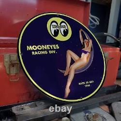 Vintage 1944 Mooneyes Racing Division''Moon'' Porcelain Gas & Oil Pump Sign