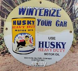 Vintage 1947 Husky Motor Oil Porcelain Metal Gas Pump Sign