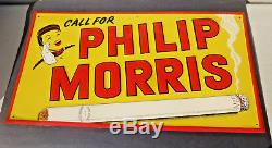 Vintage 1950's Philip Morris Cigarettes Gas Oil 28 Embossed Tin Metal SignUSA