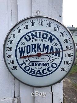 Vintage 1950's Union Workman Chewing Tobacco Gas Oil 12 Metal Thermometer Sign