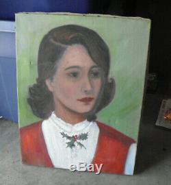 Vintage 1950s V Piersol Oil Painting Portrait Woman with Holly on Shirt