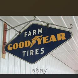 Vintage 1951 Porcelain Double Sided Goodyear FARM TIRES Sign GAS OIL FEED COLA